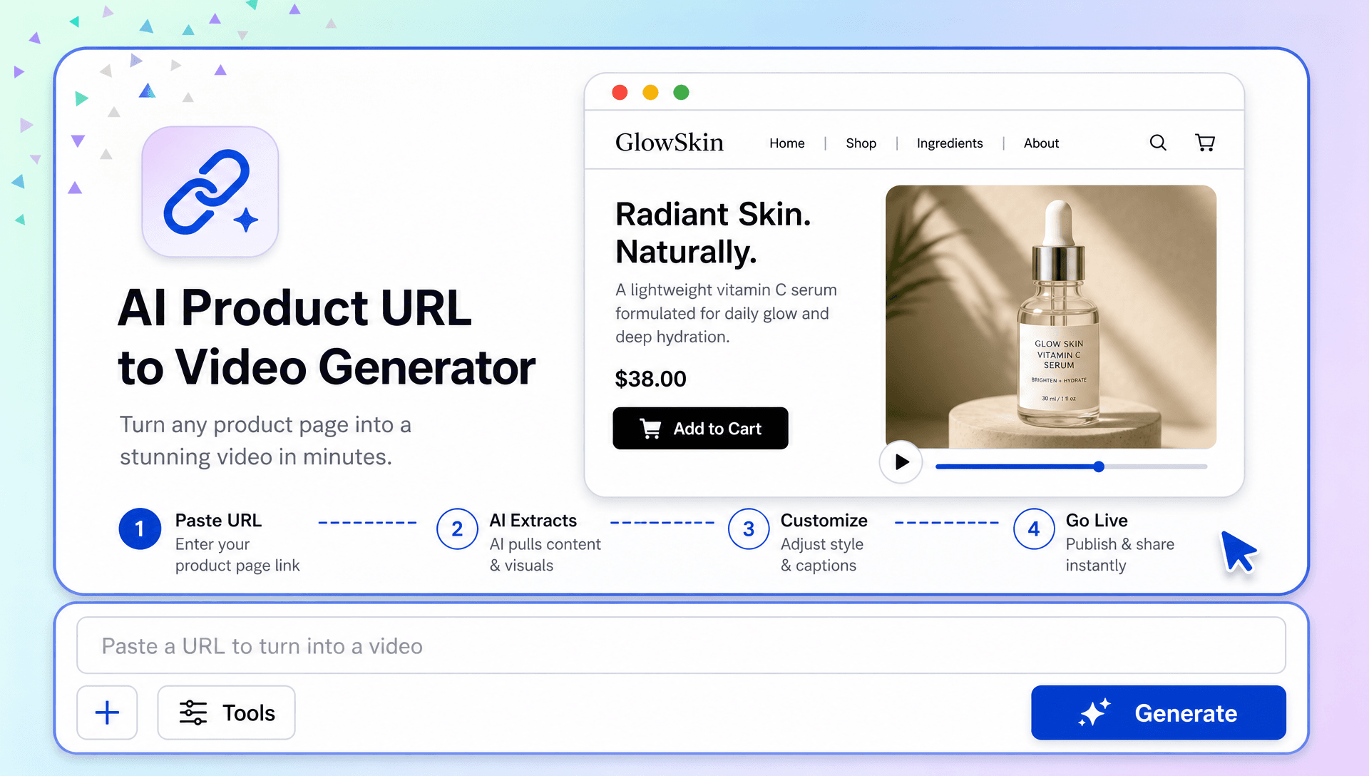AI Product URL to Video Generator – Convert Any Link, Webpage, Blog, or Product URL into a Video. AI Product URL to Video Generator – Convert Any Link, Webpage, Blog, or Product URL into a Video.